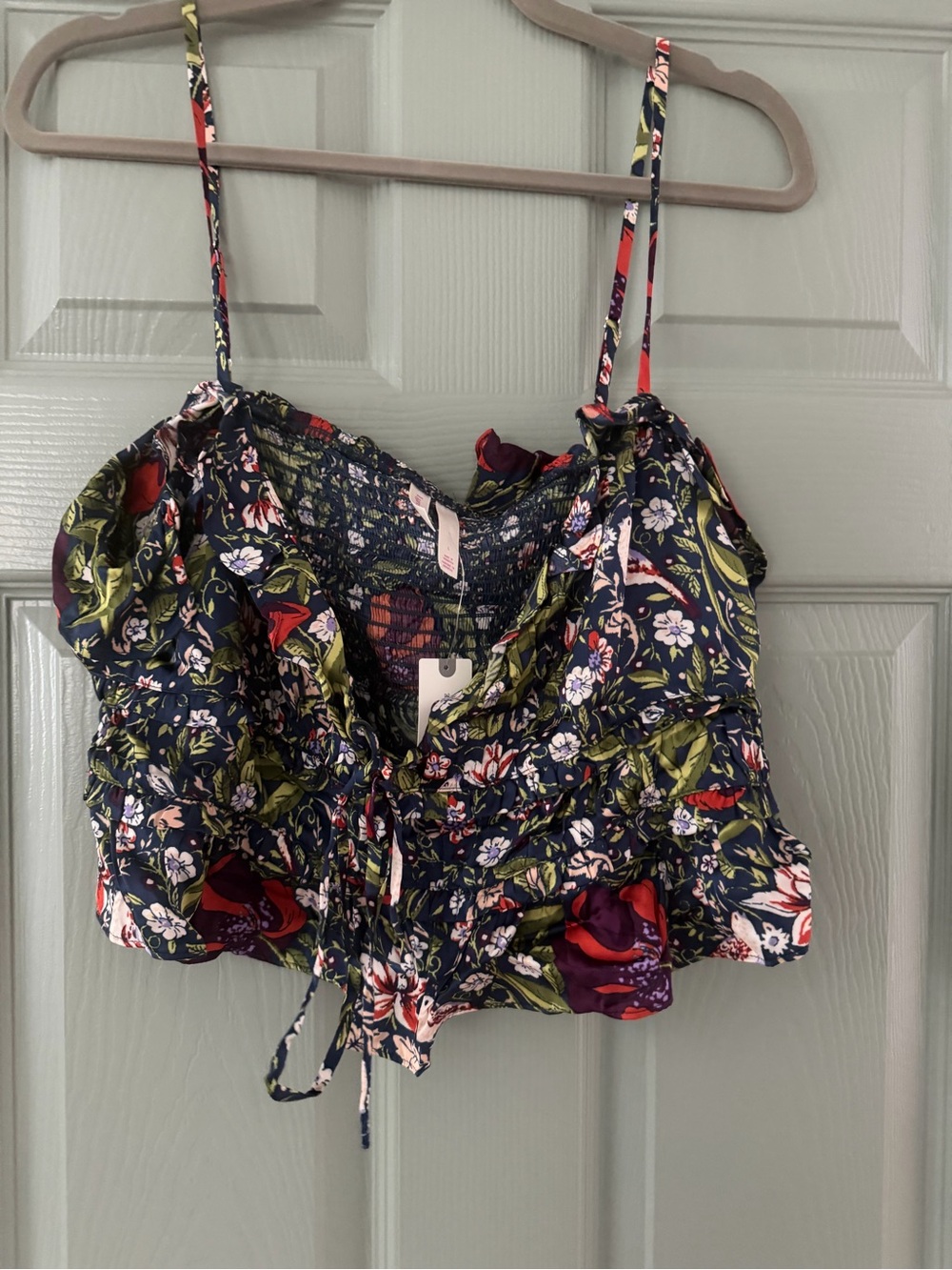 Anthropologie Navy Floral Smocked Tank with Green Leaves